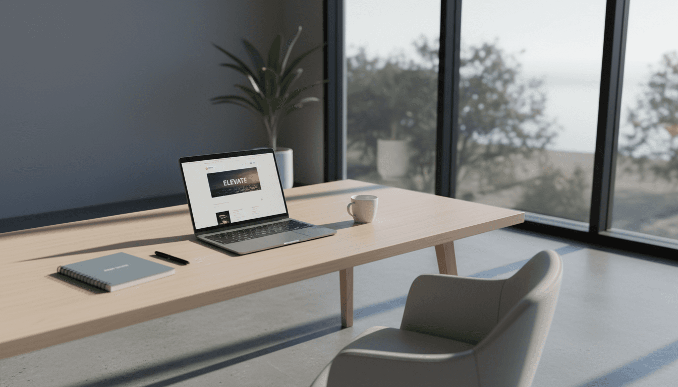 Modern workspace with laptop displaying a website design in soft morning light