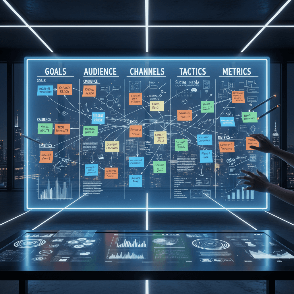 digital workspace with sticky notes and markers for website strategy
