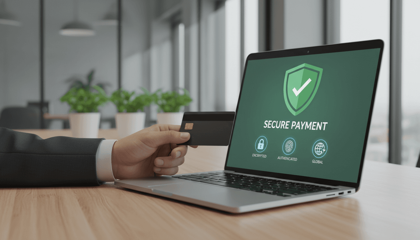 Hand holding a credit card near a laptop showing a secure checkout screen in a bright modern office