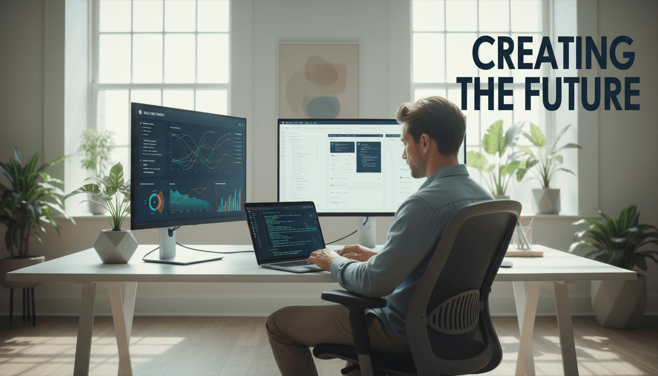 Modern web designer working on laptop with code and analytics screens in a bright studio
