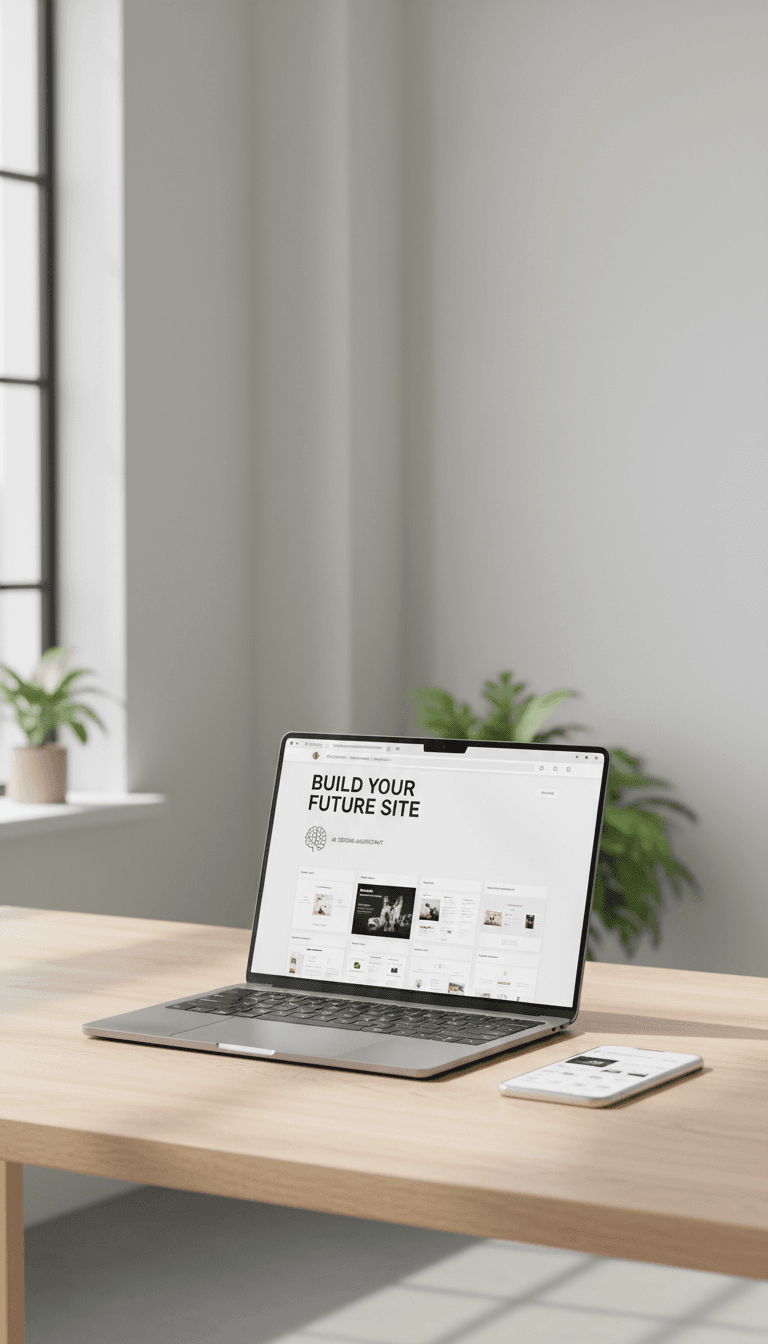 Laptop showing an AI website builder interface on a clean desk.